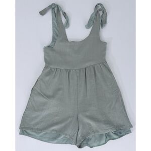 Pink Lily Linen Viscose Blend Romper Green Tie Shoulders Womens Sz S Beachy